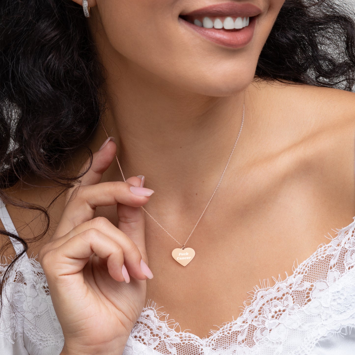 F*ck Cancer Engraved Silver Heart Necklace
