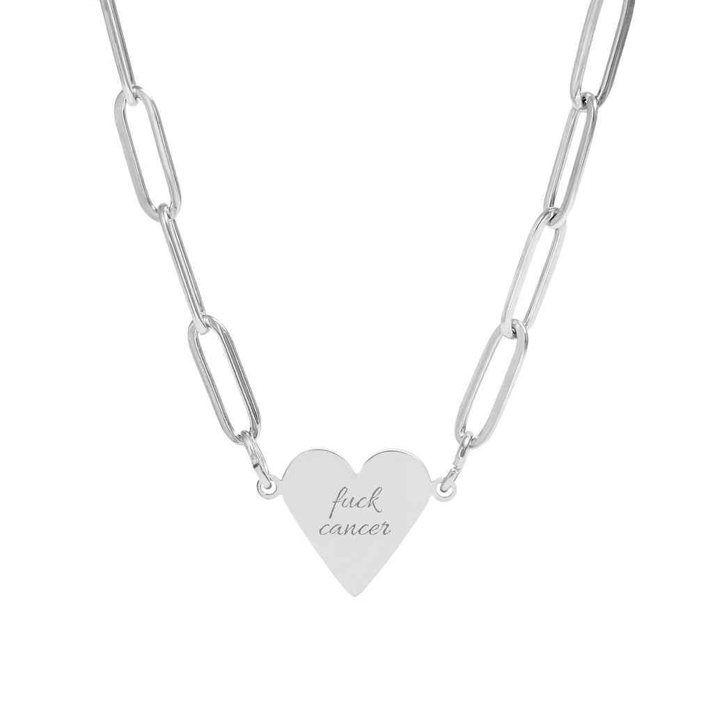Engraved Paperclip F*ck Cancer Heart Necklace — Cancer Awareness Heart Pendant Chain